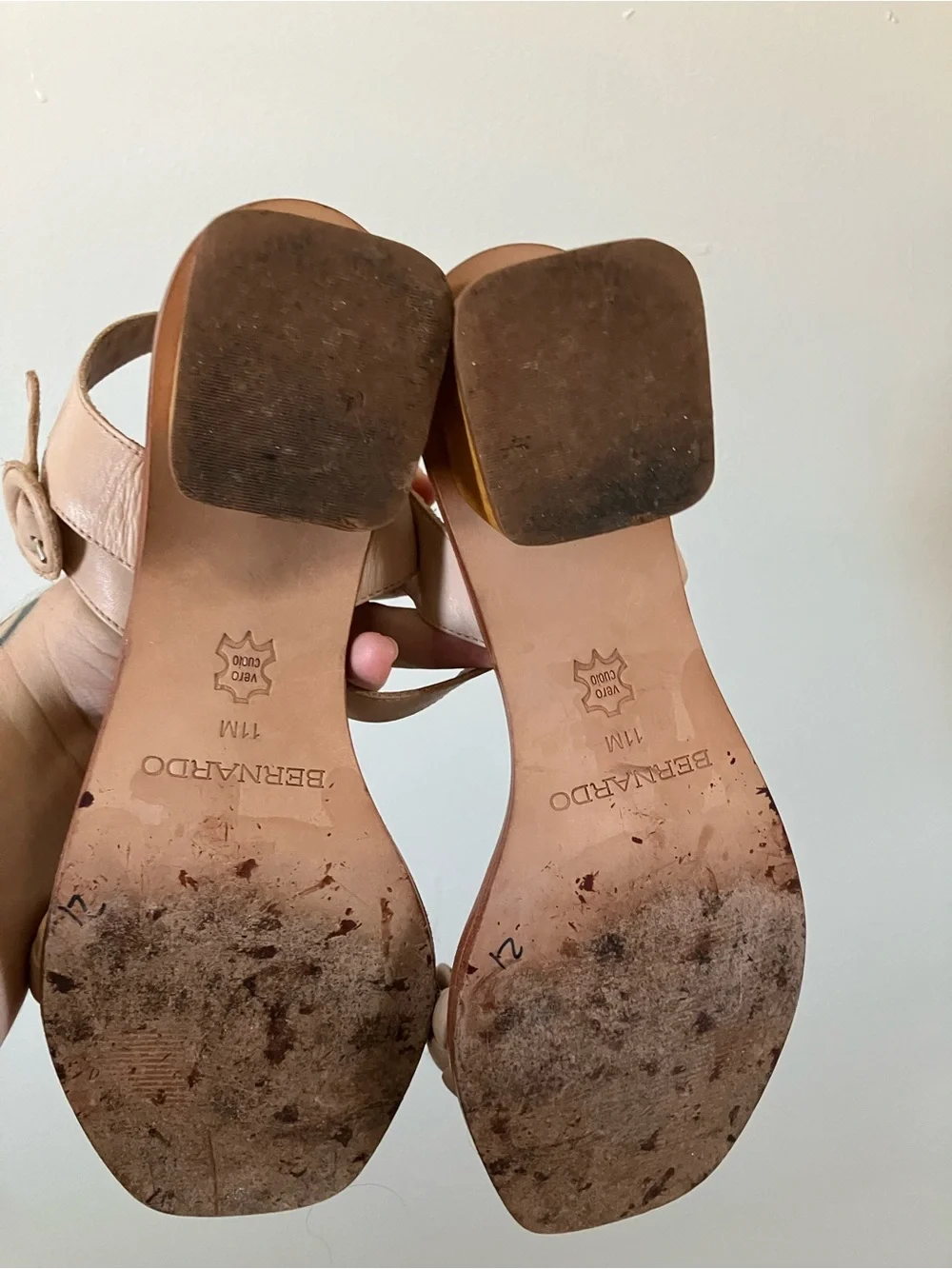 Bernardo Leather Braided Square Toe Wood Block Heel Sandals Ankle Strap Nude 11